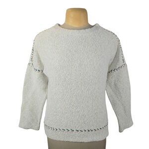 Lucky Brand Women Oatmeal Cream Textured Knit Embroidered Pullover Sweater Small
